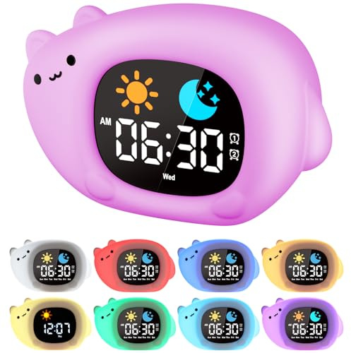 YISSVIC Kinderwecker Katze mit Tag-Nacht-Licht, 7 Farben & Snooze | Schlaftrainer mit Sonne-Mond-Symbolen, Doppelalarm für Schule und Wochenende, weiches Silikon, USB-C aufladbar