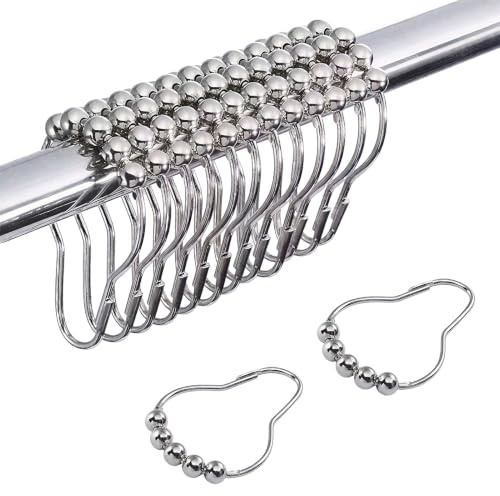 14Pcs Shower Curtain Hooks, Stainless Steel Shower Curtains Rings Silver | Smooth shower curtain hooks with roller balls for easy hanging and daily bathroom use