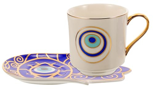 SHINEOFI Evil Eye Ceramic Coffee Mug with Saucer Set Anti-Scald Handle Lightweight Tea Cup for Home Office Use Microwave and Dishwasher Safe Retro Style