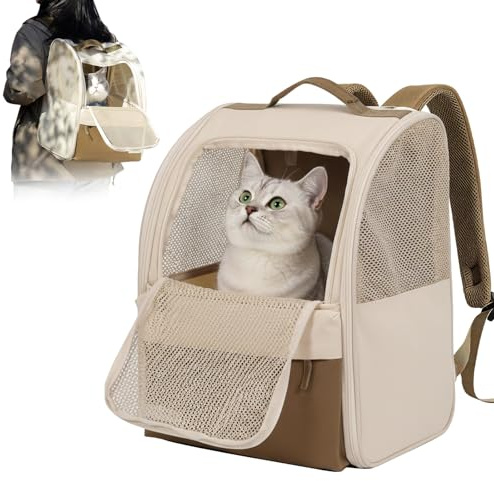 Sac À Dos Chat, Sac À Dos De Transport avec Sangles De Sécurité, Grand Espace Sac À Dos en Filet Respirant, Pliable Caisse De Transport Chat pour Petit Animaux, Jusqu'À 7.5 Kg, Couleur Riz