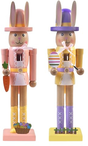 JARTEEK Easter Nutcracker Decorations, 12 Wooden Nutcracker Easter Bunny Decor, Indoor Decorations for Table, Spring Decor for Home, Rabbit Figuring for Home and Office Gifts