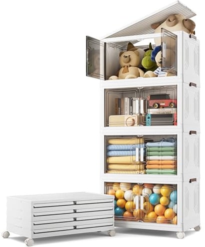 Warmiehomy Storage Boxes with Lids,54L*4-Tier Plastic Stackable Storage Boxes with Wheel,Foldable Storage Box with Bins,Storage Organiser for Bedroom, Living Room, Kitchen,Bathroom