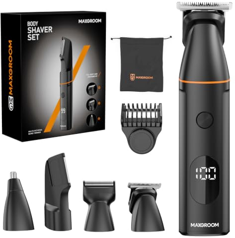 MAXGROOM 4 in 1 Rasoio Elettrico Corpo Uomo Kit, Rasoio Parti Intime Uomo IPX6 Uso Umido e Secco, Depilatore Corpo Ricarica di USB C (Nero, M)