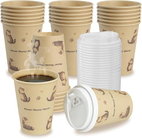 Cherypick Coffee Cups with Lids 12 oz/360 ml, 25 Pack Disposable Paper Cups | Leak-Resistant Takeaway Cups for Hot and Cold Drinks, Coffee, Tea, Office, Home and Parties (Cat)