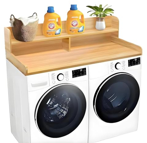 Washer Dryer Countertop, 2-Tier Laundry Organizer with Shelf and Round Edge for Folding Clothes, Over Washer and Dryer, Wood Construction