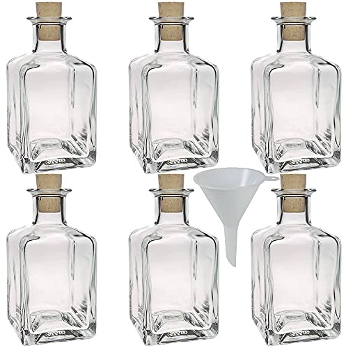 Viva Haushaltswaren - 6 x eckige Glasflasche 200 ml mit Korkverschluss, dekorative Glasgefäße als Likörflasche, Schnapsflasche, Ölflasche & Gastgeschenk verwendbar (inkl. Trichter Ø 7 cm) , 6 Stück (1er Pack)