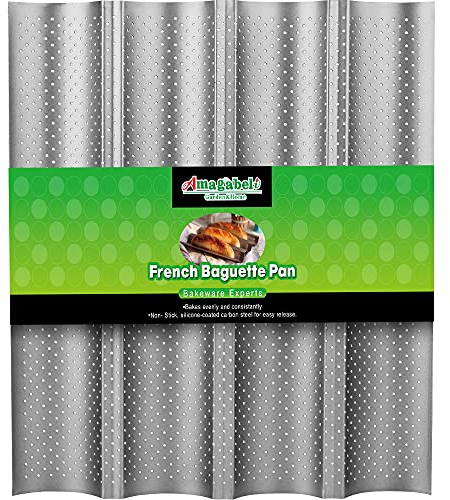 AMAGABELI GARDEN & HOME Baguette Bread Pan 15 x 13 Nonstick Perforated Baguette Tray French Bread Baking 4 Wave Loaf Bake Mold Toast Cooking Baker Molding Gutter Oven Toaster Dishwasher Safe Silver