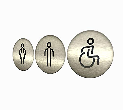 DOJA Barcelona | Cartel para Baño | Hombre + Mujer + Discapacitado | Color Plateado | 100mm Diámetro | Simbolo Adhesivo WC para Puerta | Placa Pegatina para Aseo, Aseos Cartel, Señal de Lavabo
