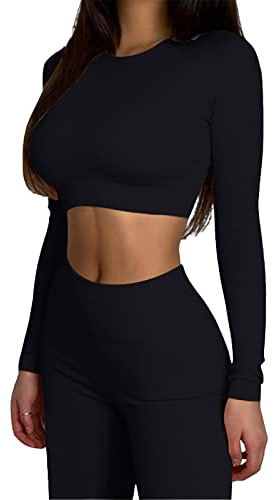 MAYROUND Workout Outfits für Frauen 2 Stück Gerippte Langarm Crop Top mit hoher Taille Yoga Leggings Sets