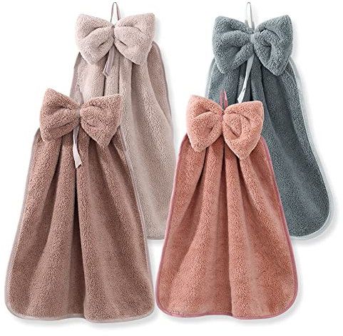 4 Toallas de Mano para Colgar con Lazo, Toallas de Mano de Microfibra de Terciopelo Coralino para Colgar, absorbentes, supersuaves, Bonitas Toallas de Mano para Cocina, baño, niños y Adultos