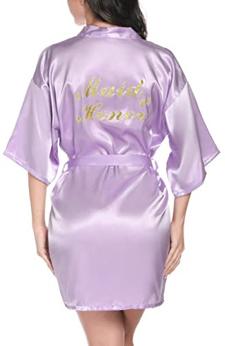Vlazom Morgenmantel für Hochzeit Satin Kimono Badmantel für Braut&Brautjungfern V-Ausschnitt Damen Robe mit Gürtel(M,Lila für Maid of Honor)