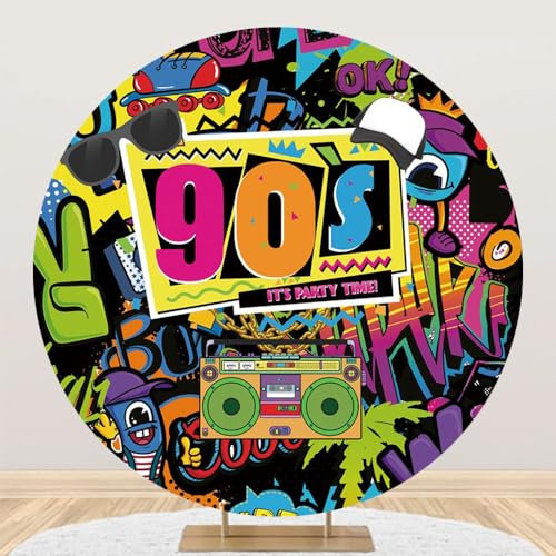 Renaiss 2,1 x 2,1 m Back to 90's Round Backdrop Covers It's Party Time Boombox Graffiti Circle Photography Background Music Festival Retro Disco Sock Hop Hip Hop Birthday Party Decor Photo Booth