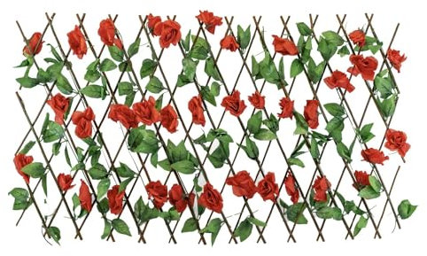 Gardenwize – Solar Powered Light up LED Extendable Garden Trellis, Screening Privacy Boarder UV Protected Faux Ivy Backdrop For Fence Balcony Patio Outdoor IP44 Waterproof (Red Flower)