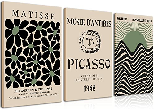 AKWISH Gerahmtes Set mit 3 Leinwand-Kunstdrucken, Picasso Matisse Bauhaus, Schwarz, Beige, Grün, moderne minimalistische Wanddekoration, Gemälde, aufhängfertig, 30.5x40.6x7.6 cm