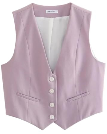 Pofihavi Cropped-Anzugweste für Damen, 2024, Knopfleiste, Business, Casual, elegante Weste, Weste, Violett, Medium