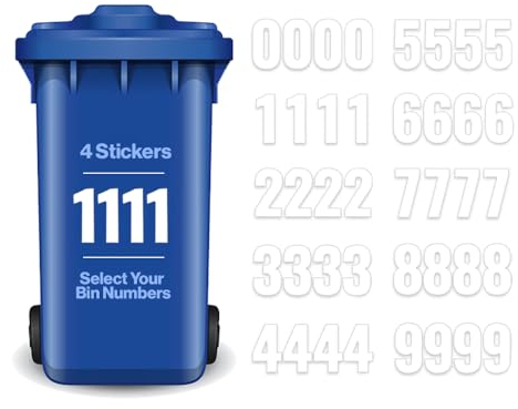 Happy Quokka Pack of 4 White Wheelie Bin Stickers Number, 17cm, Waterproof and Weatherproof, Bin Numbers for Wheelie Bins, Sticky Numbers and Self Adhesive Numbers for Wheelie Bins (No. 1)