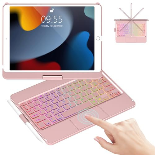 Custodia con Tastiera per iPad 9a/8a/7a Gen 10.2, Bluetooth Tastiera iPad 9 Generazione con 7 Colori di Retroilluminazione & Touchpad, 360° Flip Cover Rigida Custodia con Auto Sleep/Wake (Oro Rosa)