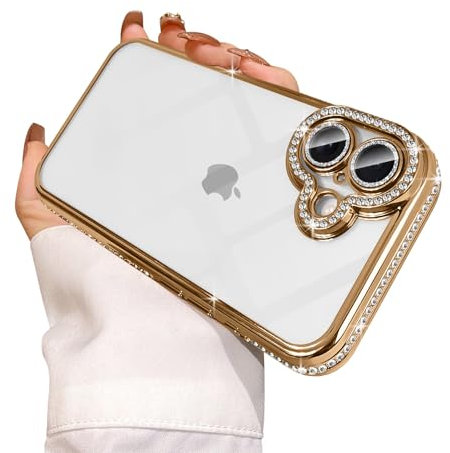 Reownest Clear for iPhone 16 Plus Case Cute Crystal Glitter Bling Women Girls Aesthetics Phone Cover with Sparkle Diamond Camera Len Protector -Gold