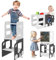 AIYAPLAY Torre de Aprendizaje 4 en 1 Taburete de Aprendizaje para Niños de +3 Años en Forma de Coche Convertible en Mesa y Silla con Pizarra de Doble Cara Barra de Seguridad 58x46x92 cm Blanco y Gris