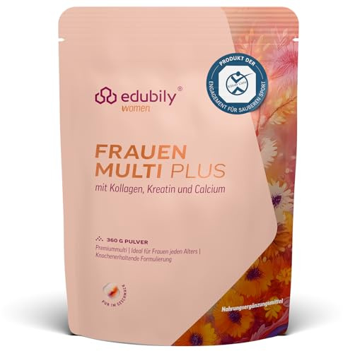 edubily® Frauen Multi Plus – Multivitamin & Mineralstoff-Drink für Frauen - Mit Calcium, Magnesium, Zink, Vitamin D & B-Vitaminen, Kreatin, Q10 & Kollagen - Zuckerfrei - (360 g, Pur)
