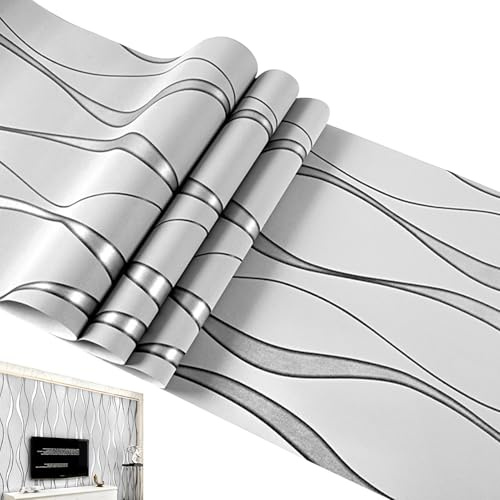 Fravsiu Papier peint à rayures – Papier peint texturé à rayures ondulées 3D modernes – Rouleau de papier peint mural, non tissé à rayures verticales amovibles pour fond TV, salon