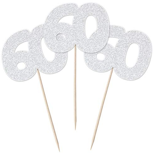 Number 60 Cupcake Toppers - 12pk Cake Decoration, Birthday, Anniversary, Pick, Pics, Sixty (Silver Glitter)