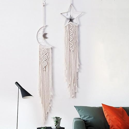 Makramee-Wandbehang Stern Mond Traumfänger Tapisserie Bohemian Home Decor Handgemachte gewebte Dekoration für Kinderzimmer Zuhause Hochzeit Ornament Handwerk Geschenk (Beige)