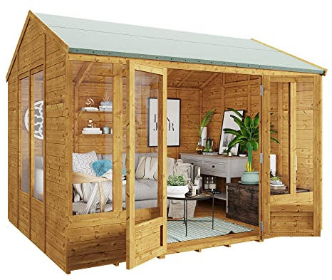 BillyOh Petra 10x8 Reverse Apex Summer House Shed, Log Cabin | Wooden Garden Room with Wide Double Doors, Tear Resistant Felt, Tongue and Groove Construction | Versatile Tiny Home or Garden Office