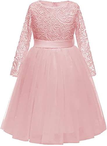 Aibaowedding - Abito da principessa, a maniche lunghe, in pizzo, per ragazze, gonna in tulle, per compleanno, feste, abito da damigella d’onore, 2-12 anni, Colore: rosa., 10-11 Anni