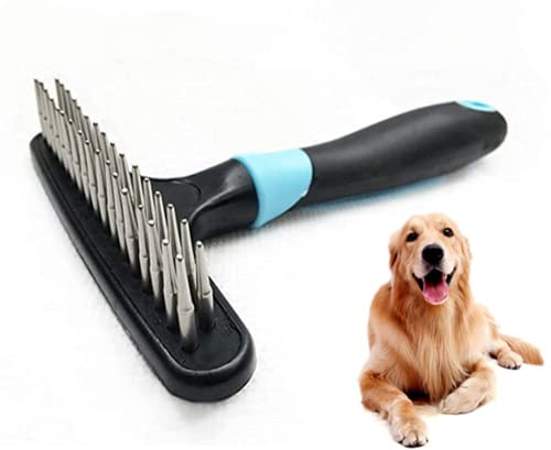 Rastrello sottopelo per cani, spazzola per la toelettatura degli animali domestici, chiodi in acciaio arrotondati a doppia fila, riduce lo spargimento del 90%, facile da rimuovere i grovigli