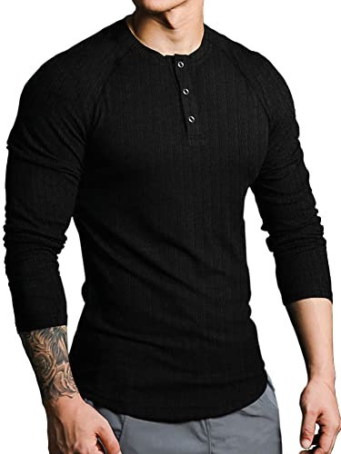 Lehmanlin Langarmshirts, Henley Langarm Pullover, Slim Fit Sport Muskelshirts (Schwarz/M)