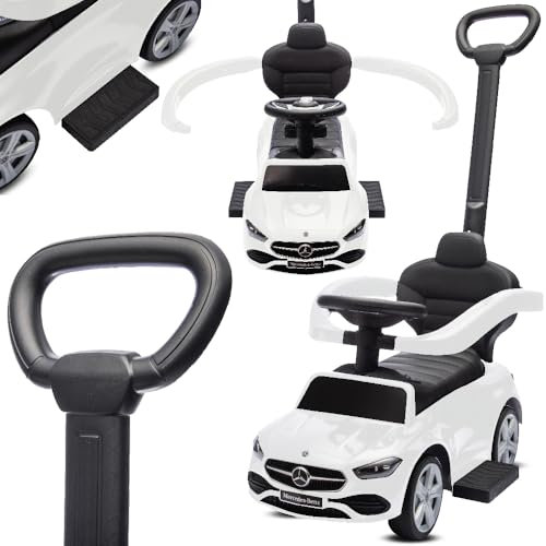 sun baby Rutschauto ab 1 Jahr Mercedes C-Class, Kinderfahrzeug für Jungen und Mädchen mit hohe Rückenlehne, Audio-Lenkrad, ausziehbare Fußstützen, Staufach (Weiß)