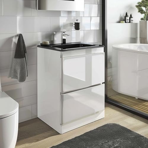 Go Bathrooms Newbold 600mm Gloss White Vanity Unit Includes Grey Glass Basin Floor Standing Storage Unit Bathroom Sink Unit