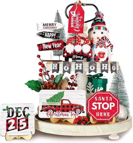MAGIIN 14 Pièces Lutins Set de Noël Plateau Décoration Set Père Noël Camion Panneau Bois Hiver Noël Bois Table Logo Lutins Accessoires Noël Cadeau de Noël Cadeau de Nouvel an