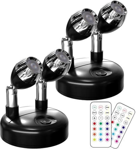 Klarlight Dual-Head Mini RGB Battery Spotlights Indoor with Remote Control Wireless LED Spot Lights Picture Light with 13 Light Colours for Art Display Dartboard Cabinet Party Ambience, 2-Pack Black