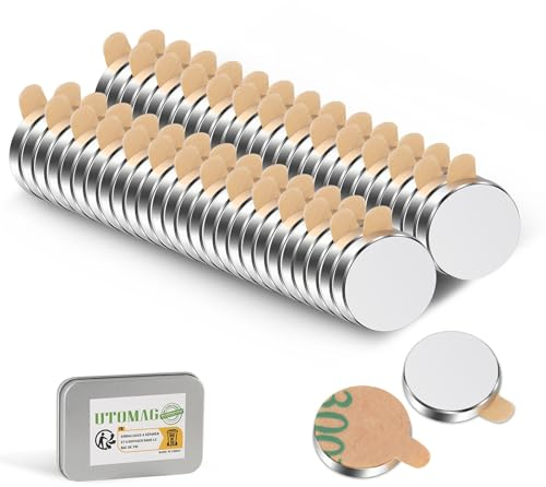 UTOMAG 52 Stück Selbstklebende Magnete 10x2mm, Extra Stark Kleine Neodym Magnete, Mini Klebemagnete, Selbstklebende Powermagnete für Whiteboard, Kühlschrank, Fotos, Basteln, Jalousien