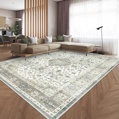 HOMFINE Vintage Teppich Wohnzimmer Waschbar - Kurzflor Waschbarer Teppich Super Weich rutschfest Blumen Design Groß Wohnzimmerteppich für Schlafzimmer Esszimmer Beige Grün 160 x 230 cm
