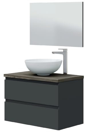 Mobile bagno 80 cm sospeso con lavabo da appoggio bacinella ceramica 2 cassetti GRIGIO ANTRACITE + OLMO 305734Z