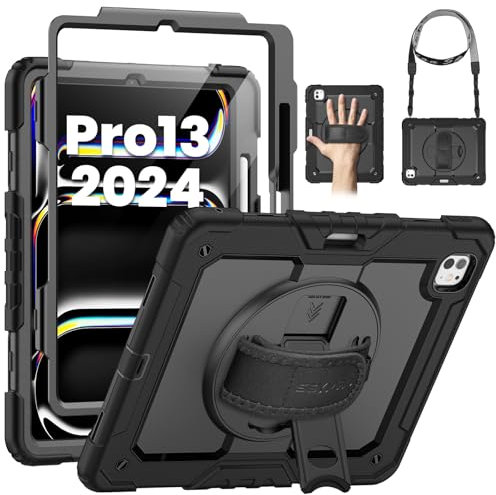 SEYMAC Schutzhülle für iPad Pro 13 Zoll 2024 M4 (7th Gen), Heavy Duty Stoßfest Schutzhülle mit Displayschutzfolie, 360° drehbarer Ständer, Hand-/Schultergurt und Stifthalter für iPad Pro 13 2024,
