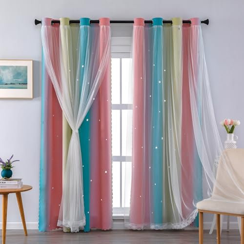 XiDi Nursery Curtains 52x72 Inch for Adult Kids Room Ombre Curtains with Sheer Glass Door Decor Stars Cut Out Curtains Ring Top Pink Yellow Blue 2 Layers