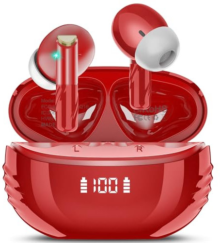 Conyat Auriculares Inalámbricos, Auriculares Bluetooth 5.4 HiFi Estéreo con HD Mic, 48 Horas Cascos Inalambrico Bluetooth con LED Pantalla, IP7 Impermeable Cascos inalambricos, Rojo