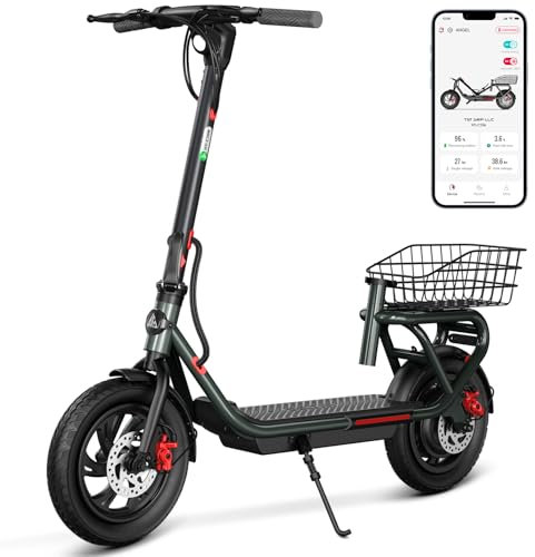 E Scooter 12 Zoll Electric Scooter Faltbarer Elektroroller Erwachsene mit App & Abnehmbarer Korb, E Roller 36V 10.4AH 20km/h 350W Motor Elektro Roller Scooter mit Automatisches Licht, Doppelte Bremse