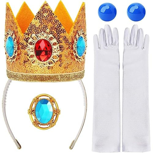 Axvxby Prinzessin Peach Kostümzubehör,4-teiliges Set für Damen Mädchen Prinzessin Kostüm Krone Ohrringe Handschuhe Brosche für Karneval Geburtstag Party Cosplay Dress Up
