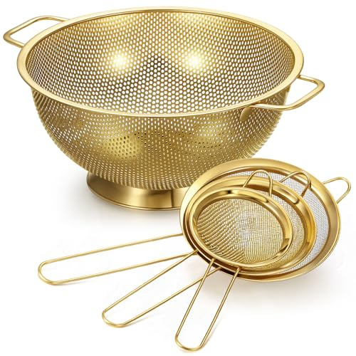 Norme 4 Quart Gold Colander and 3 Metal Fine Mesh Strainer Set | Stainless Steel, Gold Kitchen Cooking Utensils Set, 3 Size Pasta Rice Strainer