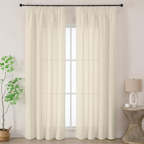 Joydeco Leinen Gardinen mit Kräuselband Natur Vorhänge Wohnzimmer Modern Boho Leinenoptik Gardine Halbtransparent Vorhang für Schienensystem Curtains Bedroom 2er Set H 245 x B 140 cm