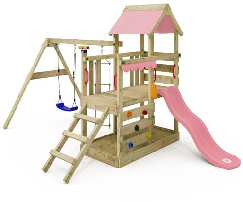 WICKEY Aire de Jeux TurboFlyer portique en Bois avec balançoire et Toboggan, Tour d'escalade pour Enfants avec bac à Sable, échelle et Accessoires de Jeu pour Le Jardin. (Rose Pastel)