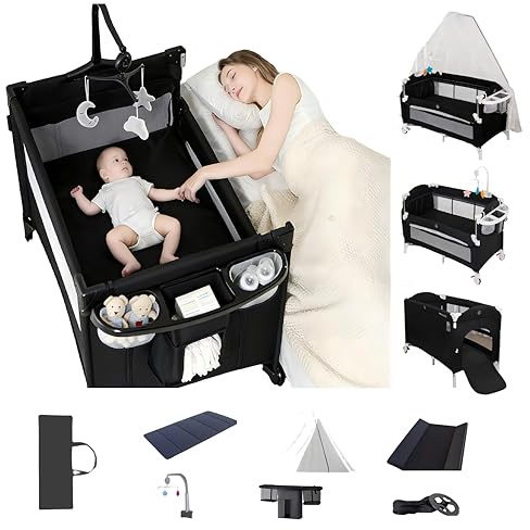 Aveainelle Pack und Play Baby-Reisebett, Faltbare und Umwandelbare Babywiege, Verstellbare Babywiege, Beistellbett für Kleinkinder mit Moskitonetz (Schwarz mit Netz)