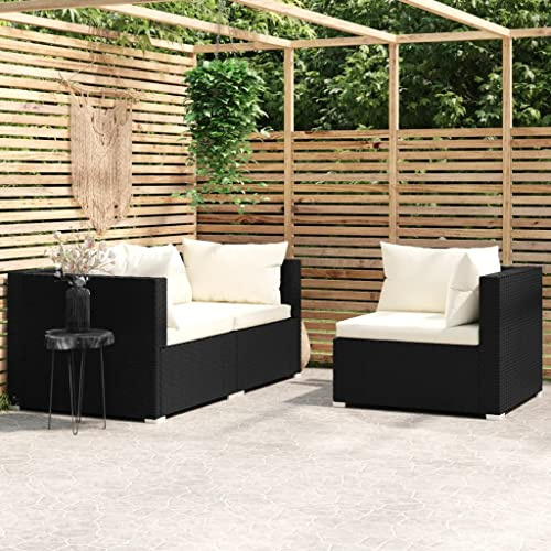 Kaloriko Set di 3 mobili da giardino nero con imbottiture, modulo divano in rattan sintetico, resistente alle intemperie, per terrazza, balcone, esterno, gruppo di sedute espandibile con schienale e