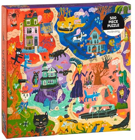 Mudpuppy Welcome to Spooky Town – 500 Piece Family Jigsaw Puzzle Featuring Bold and Spooky Illustrations of A Haunted Town Filled with Goblins Ghouls and Monsters