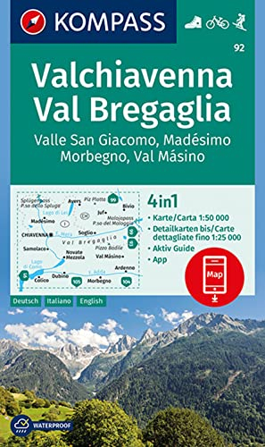 KOMPASS Wanderkarte 92 Valchiavenna, Val Bregaglia, Valle San Giacomo, Madésimo, Morbegno, Val Másino 1:50.000: Valle San Giacomo, Madésimo, Morbegno, ... in der KOMPASS-App. Fahrradfahren. Skitouren.